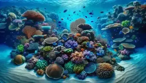 Vibrant underwater scene of a coral reef ecosystem with colorful corals, tropical fish, sea turtles and sunlight.