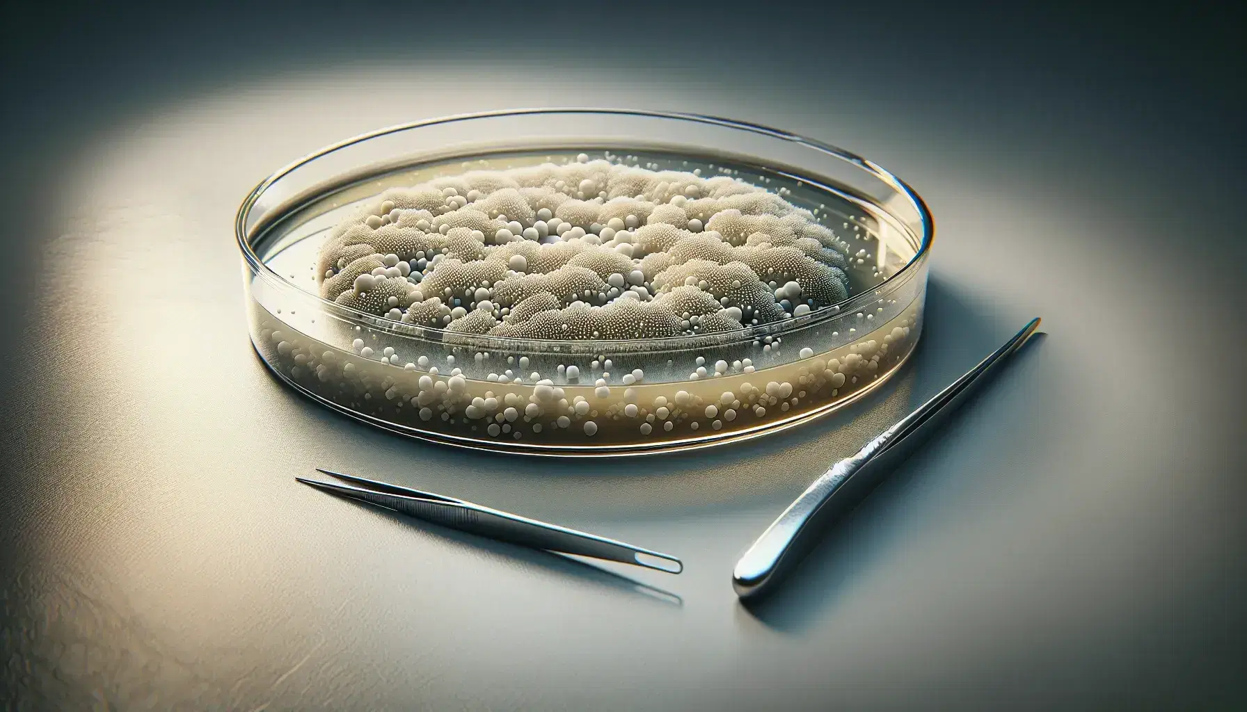 Close-up view of a petri dish with a creamy white bacterial colony, tweezers, and a dropper bottle on a lab bench, with a humid environment indicated by condensation.