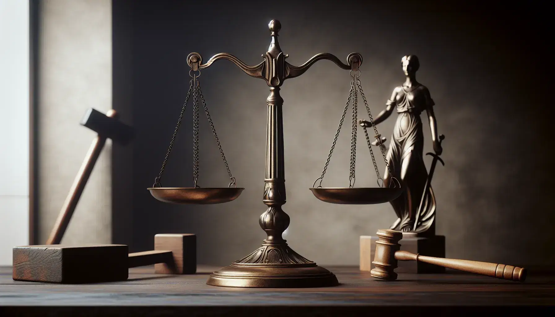Balanza de justicia de bronce equilibrada en mesa de madera oscura, martillo judicial y estatua de la justicia con espada y balanza.