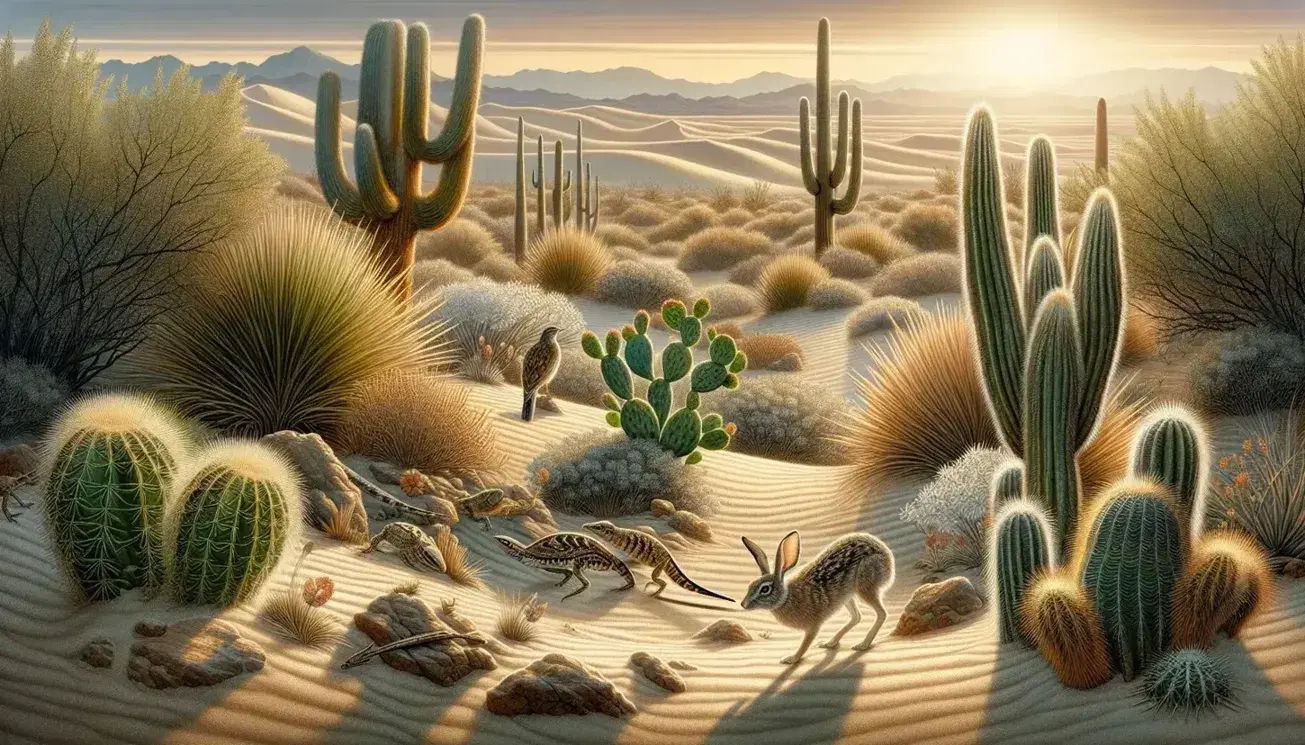 Desert landscape at sunrise with cacti, shrubs, a jackrabbit, horned lizard, and roadrunner against a backdrop of sand dunes and a pastel sky.