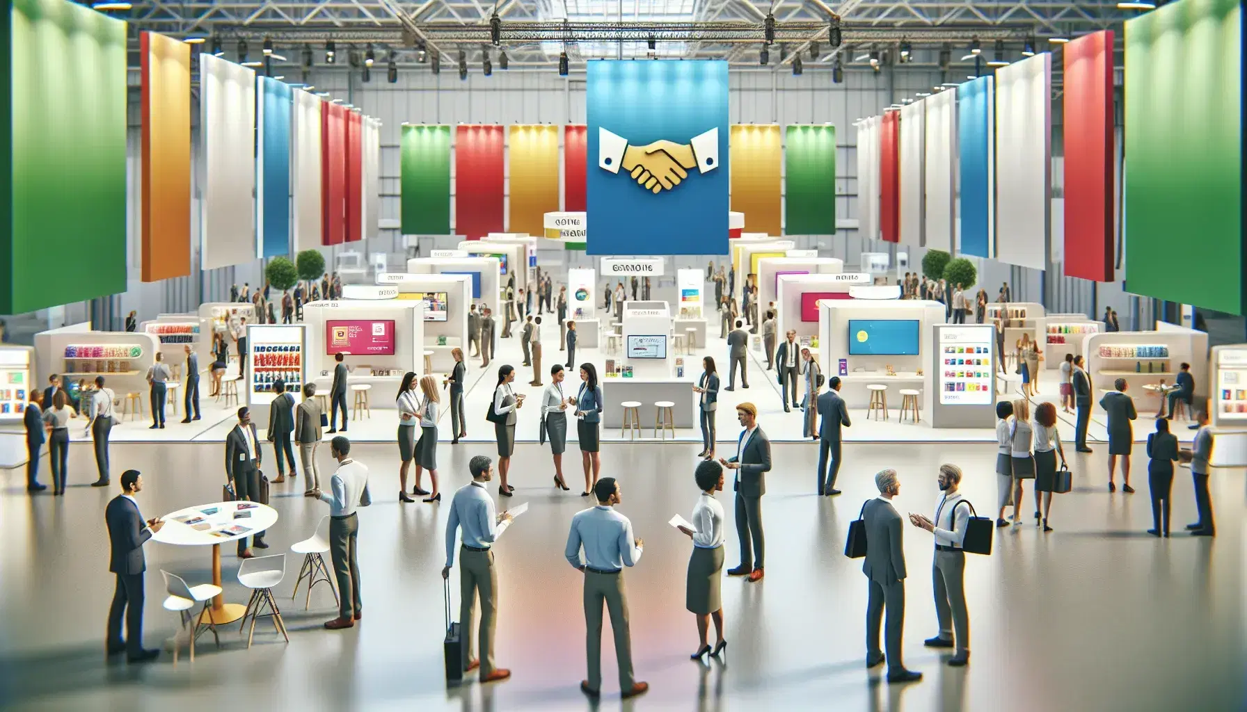 Professionals networking at a marketing event with modern booths, product demonstrations, and a handshake image on a large screen, in a bright convention center.