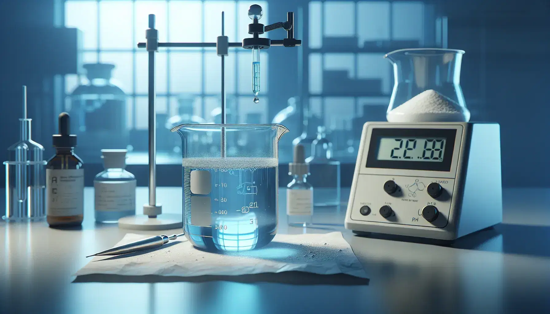 Laboratory with beaker containing blue liquid, burette with dripping colorless liquid, white solid on paper and pH meter without reading.
