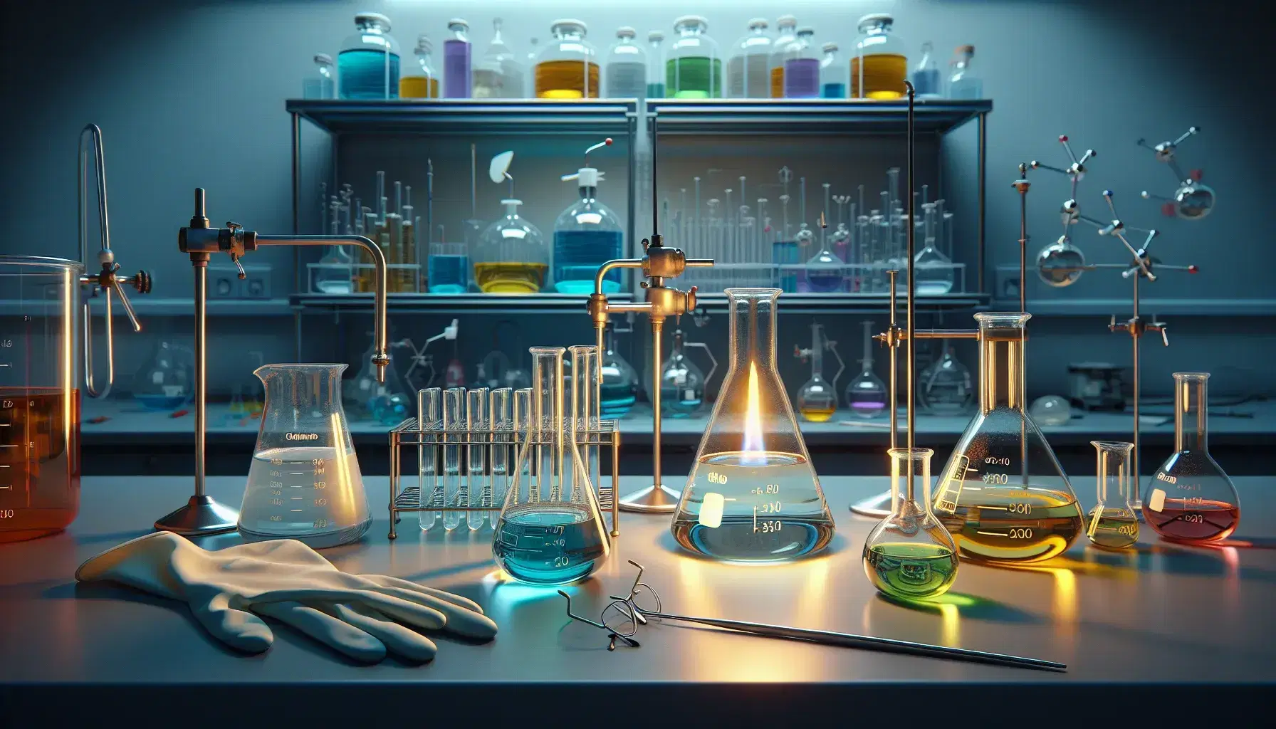 Laboratorio de química con matraces Erlenmeyer de líquidos coloridos, beaker con solución verde, guantes, gafas de seguridad y mechero Bunsen encendido.