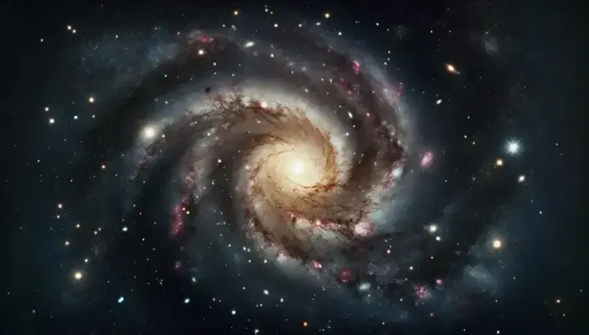 Cielo nocturno estrellado con galaxia espiral de núcleo amarillento y brazos en tonos rosados y azules, sin elementos terrestres.