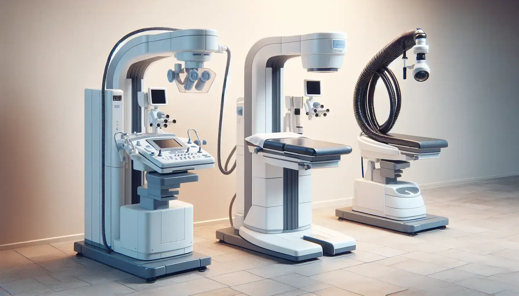 Attrezzature mediche per screening oncologico: mammografo bianco, colposcopio con braccio flessibile e colonoscopio con monitor.