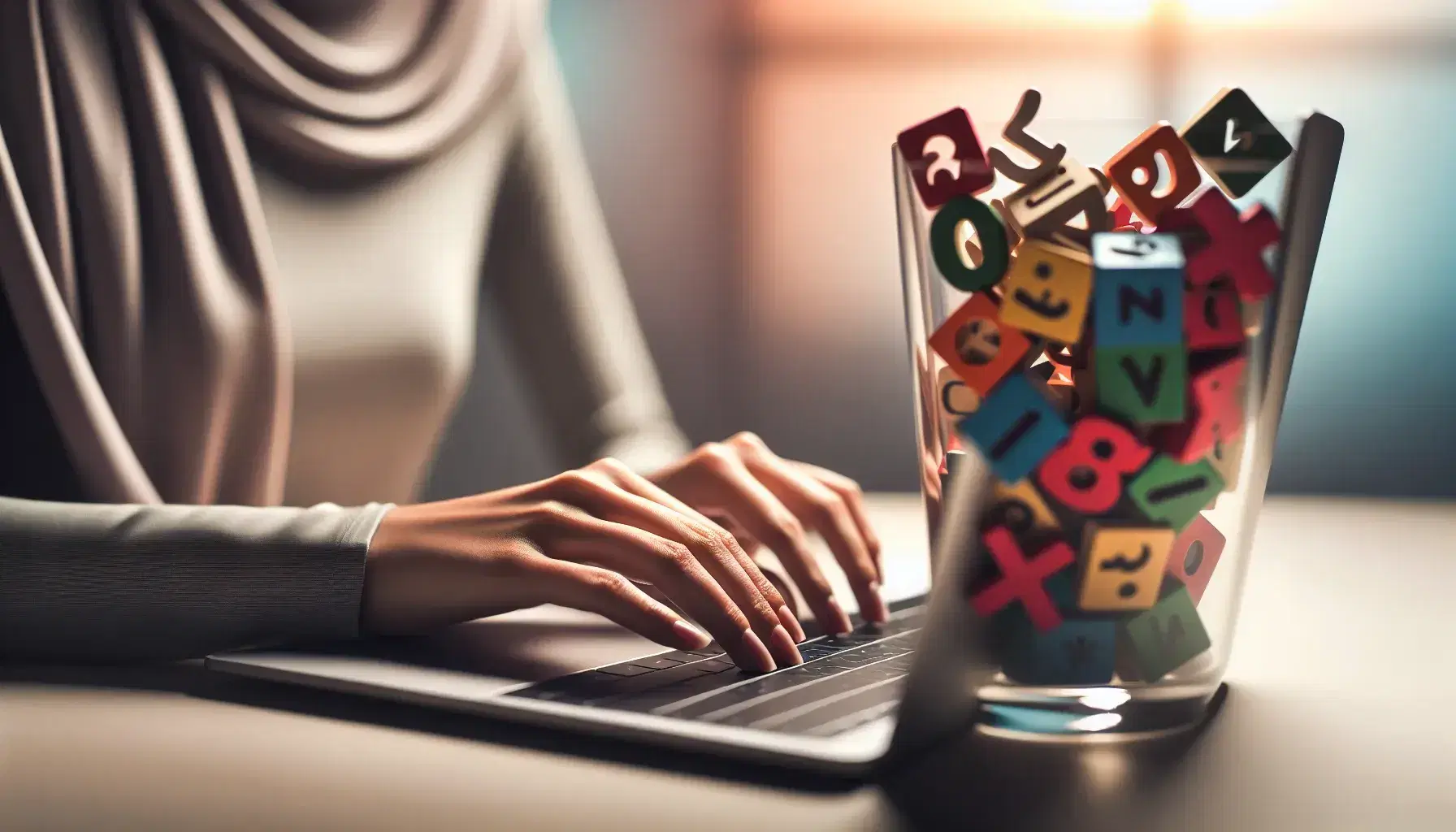 Middle eastern woman hands on modern laptop keyboard, blurred background with glass and colorful wooden math signs, serene environment.
