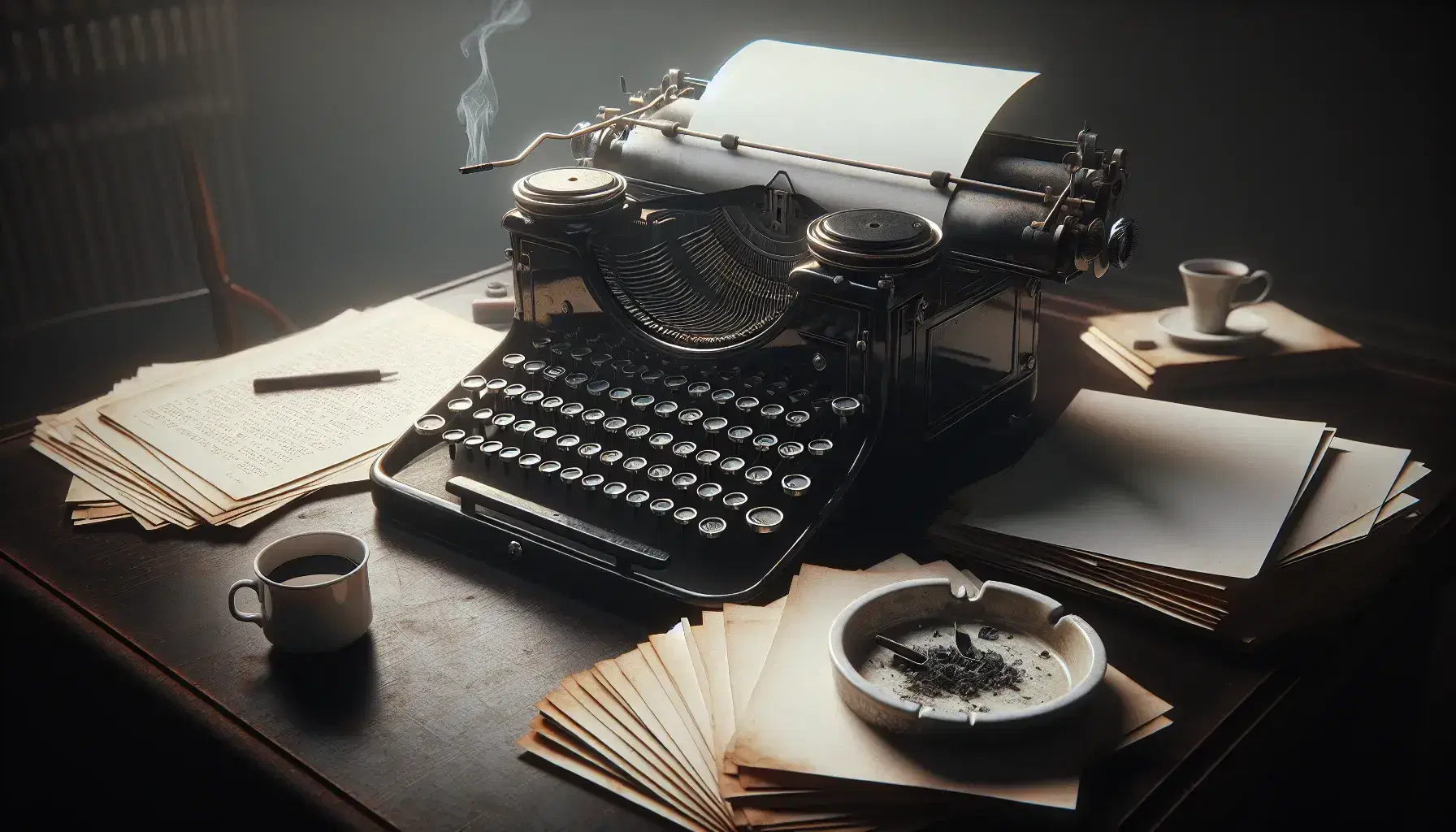 Máquina de escribir antigua y brillante sobre mesa de madera oscura, con teclas blancas redondas, cinta de tinta visible, papeles desordenados, cenicero de cerámica y taza de café humeante.