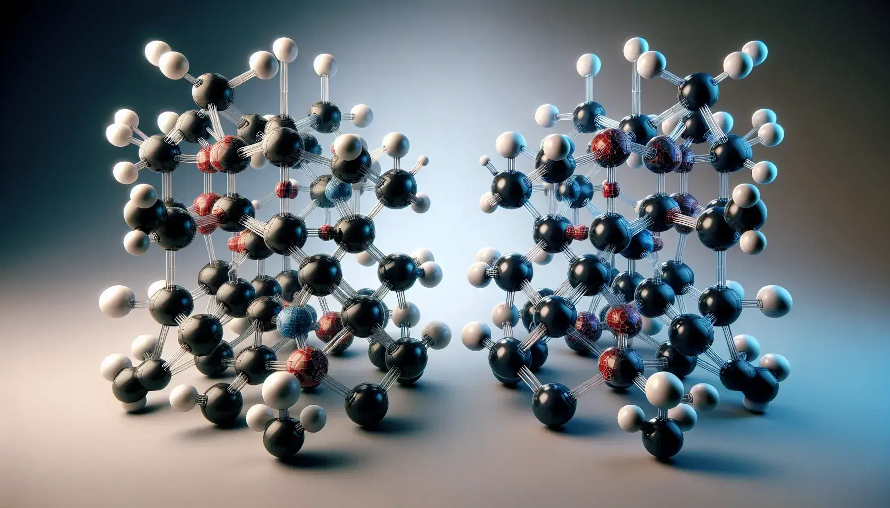 Three-dimensional molecular models of chiral enantiomers with atoms colored by type, showing mirror non-superimposability.