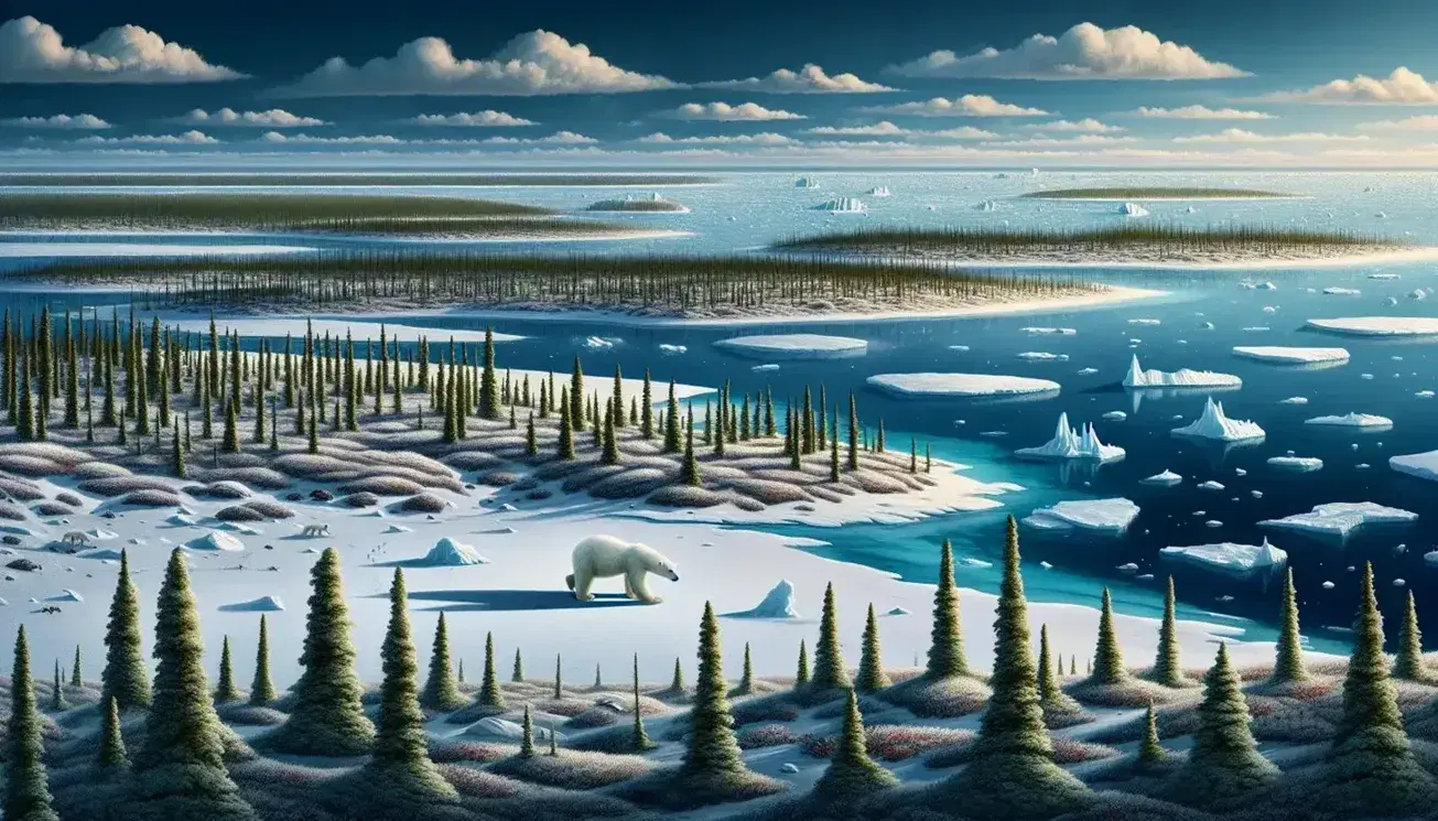Orso polare cammina su ghiaccio artico con iceberg e tundra in lontananza, foresta di taiga sullo sfondo, al tramonto.
