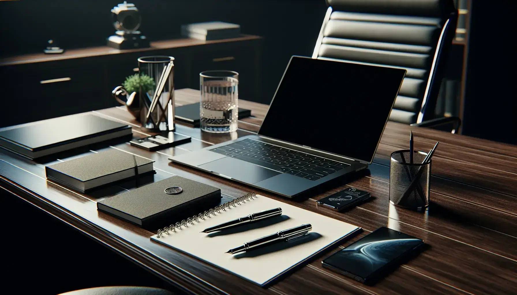 Scrivania in legno scuro con laptop aperto, cellulare moderno, penna stilografica, fogli bianchi e quaderno a spirale su sedia in pelle nera, illuminati da luce naturale.