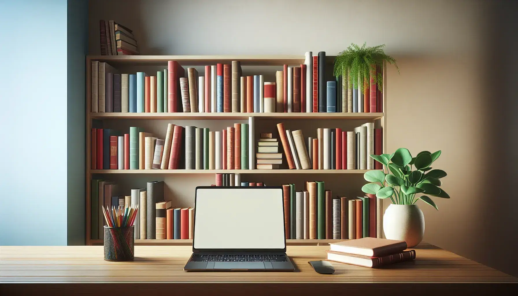 Neat bookcase with colorful books, laptop turned on on wooden table and green plant, quiet and bright study environment.