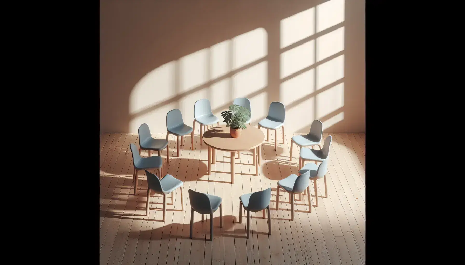 Círculo de sillas azul claro vacías en una habitación iluminada con mesa central y planta de hojas verdes, suelo de madera clara y gran ventana.