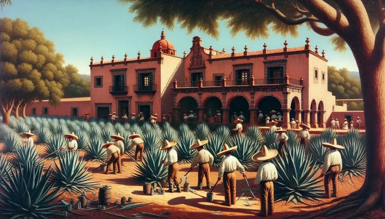 Trabajadores cosechando agave frente a una hacienda colonial del Porfiriato con arquitectura típica, cielo azul y montañas al fondo.