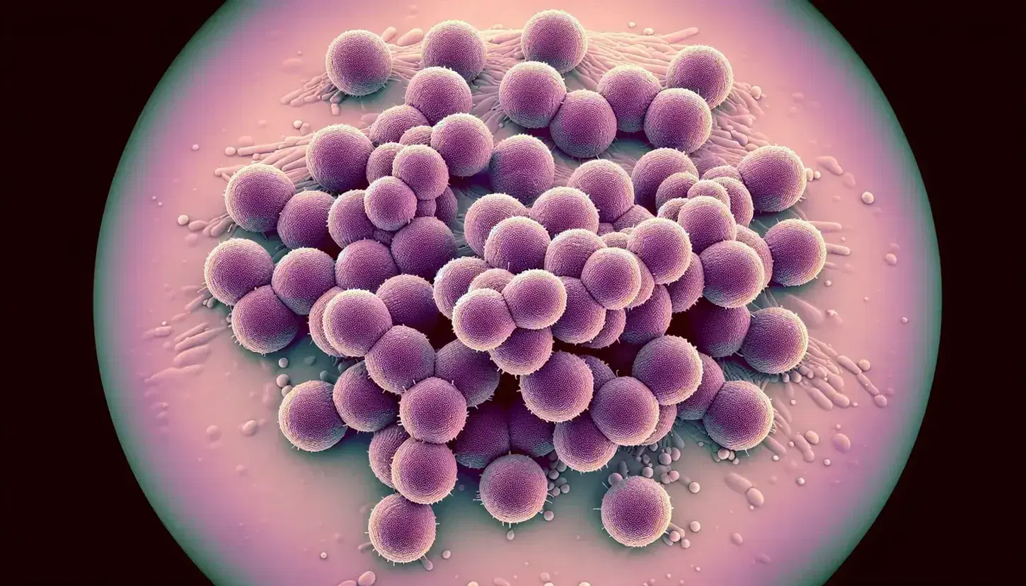 Close-up view of Gram-positive cocci bacteria in staphylococcal clusters, stained purple against a pale pink medium, under light microscopy.
