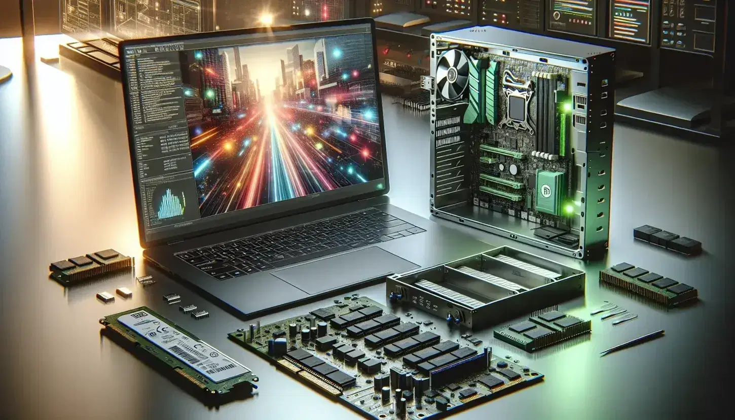 Estación de trabajo tecnológica con laptop abierto, placa base, módulo de RAM y disco duro interno, en un entorno de análisis de sistemas.