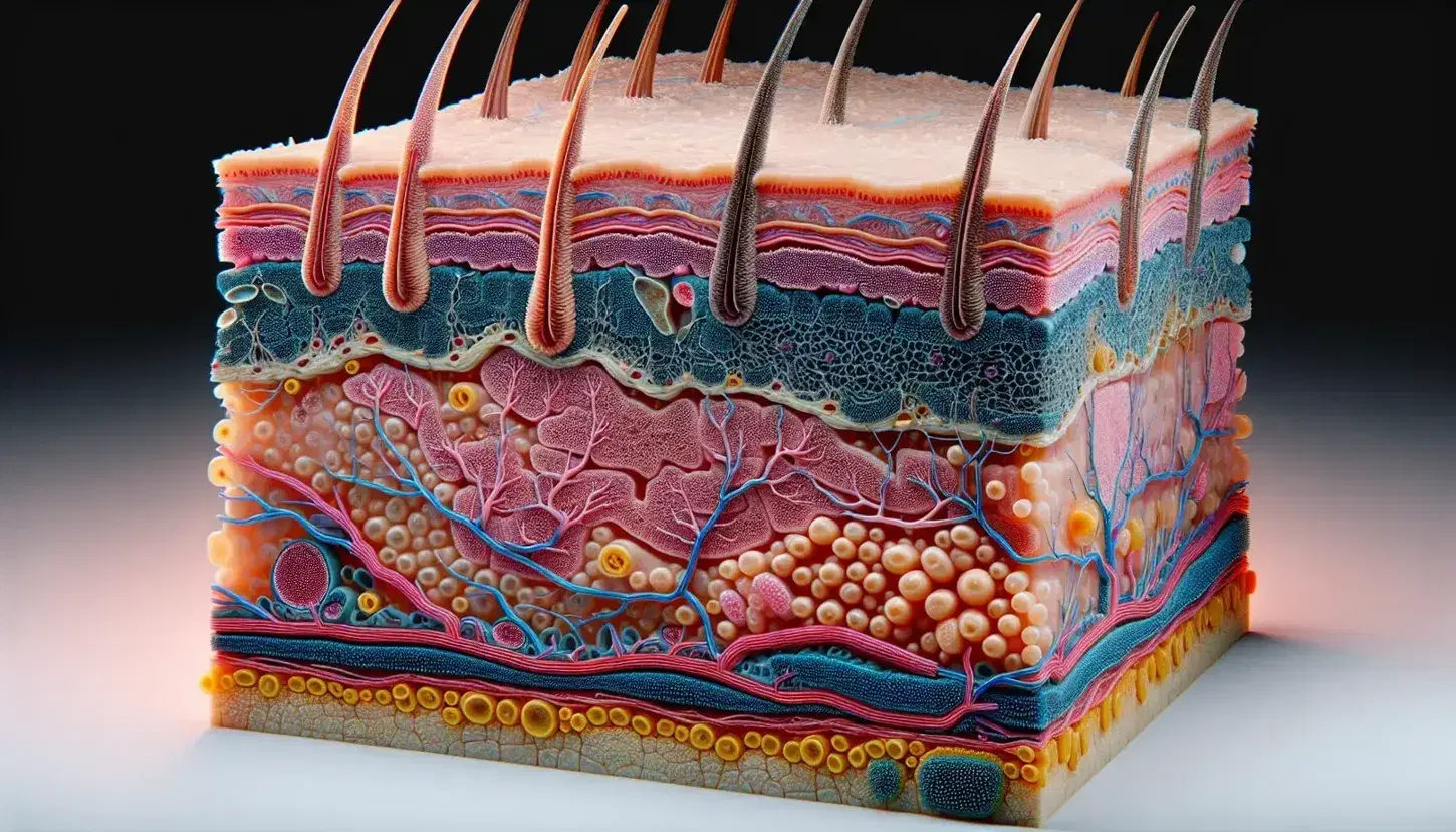 Sección transversal de la piel humana mostrando epidermis rosada, dermis con folículos pilosos y glándulas sebáceas, y tejido subcutáneo amarillo con células grasas.