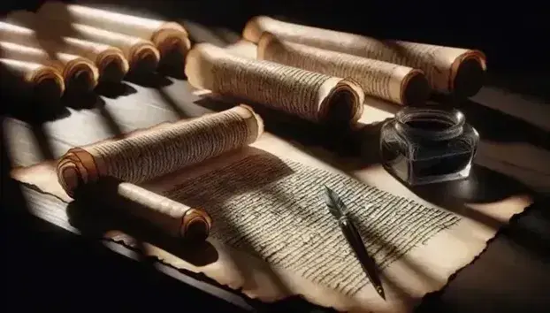 Rotoli di pergamena antica su tavolo in legno scuro con penna d'oca e calamaio, testo sfocato, illuminazione morbida che evidenzia texture e inchiostro.