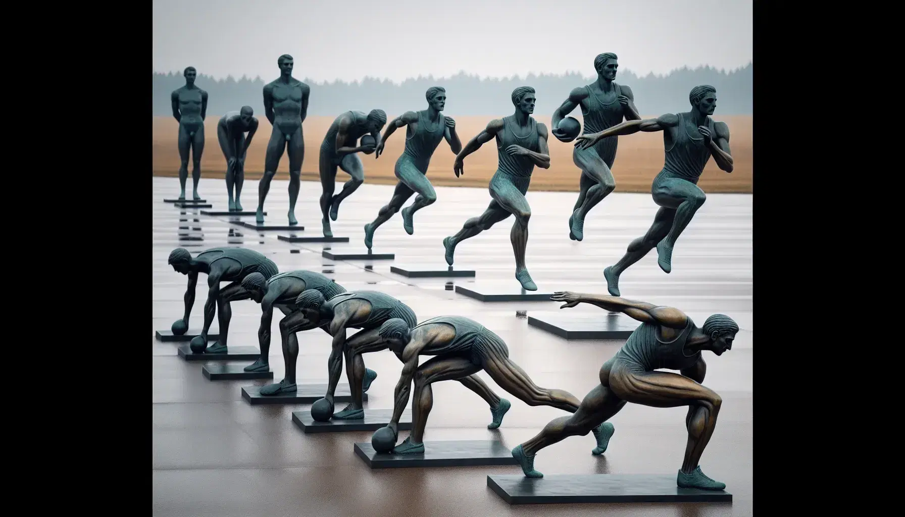 Estatuas de bronce tamaño real de atletas en poses deportivas: salida de carrera, lanzamiento de disco, salto de altura, boxeo y tiro con arco, en un parque.