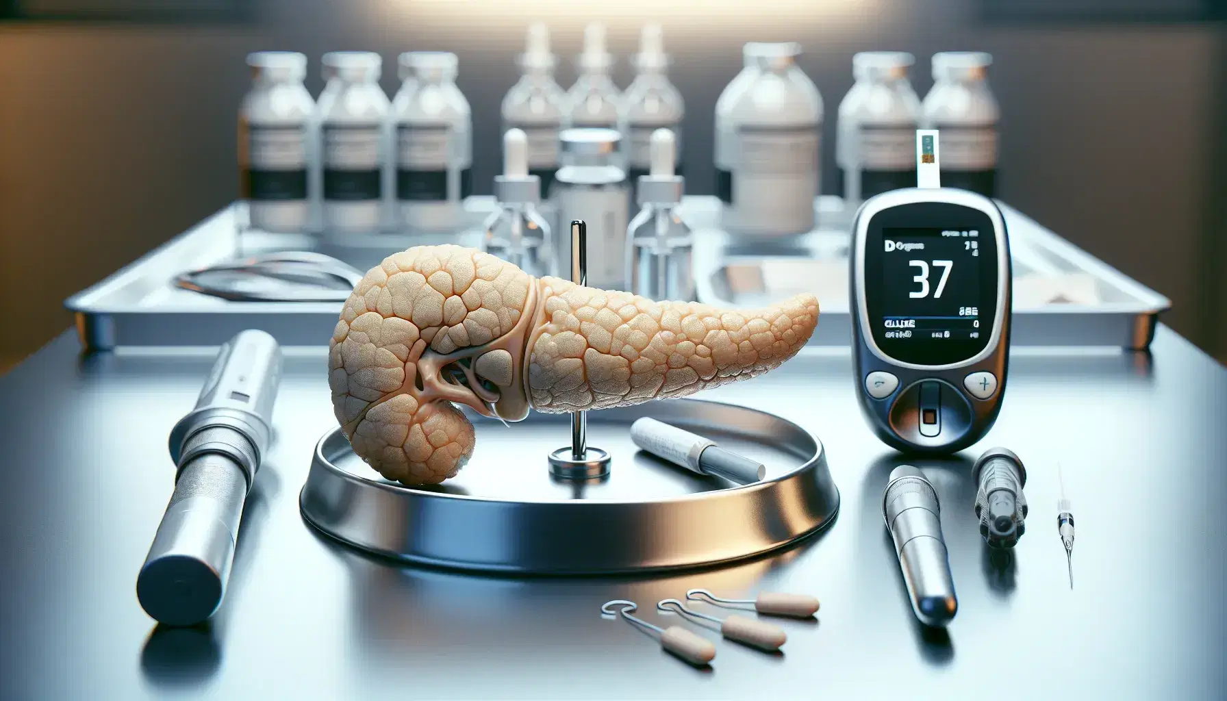 Detailed human pancreas model on a stainless steel tray beside a modern glucose meter with lancing device and test strip in a clinical laboratory setting.