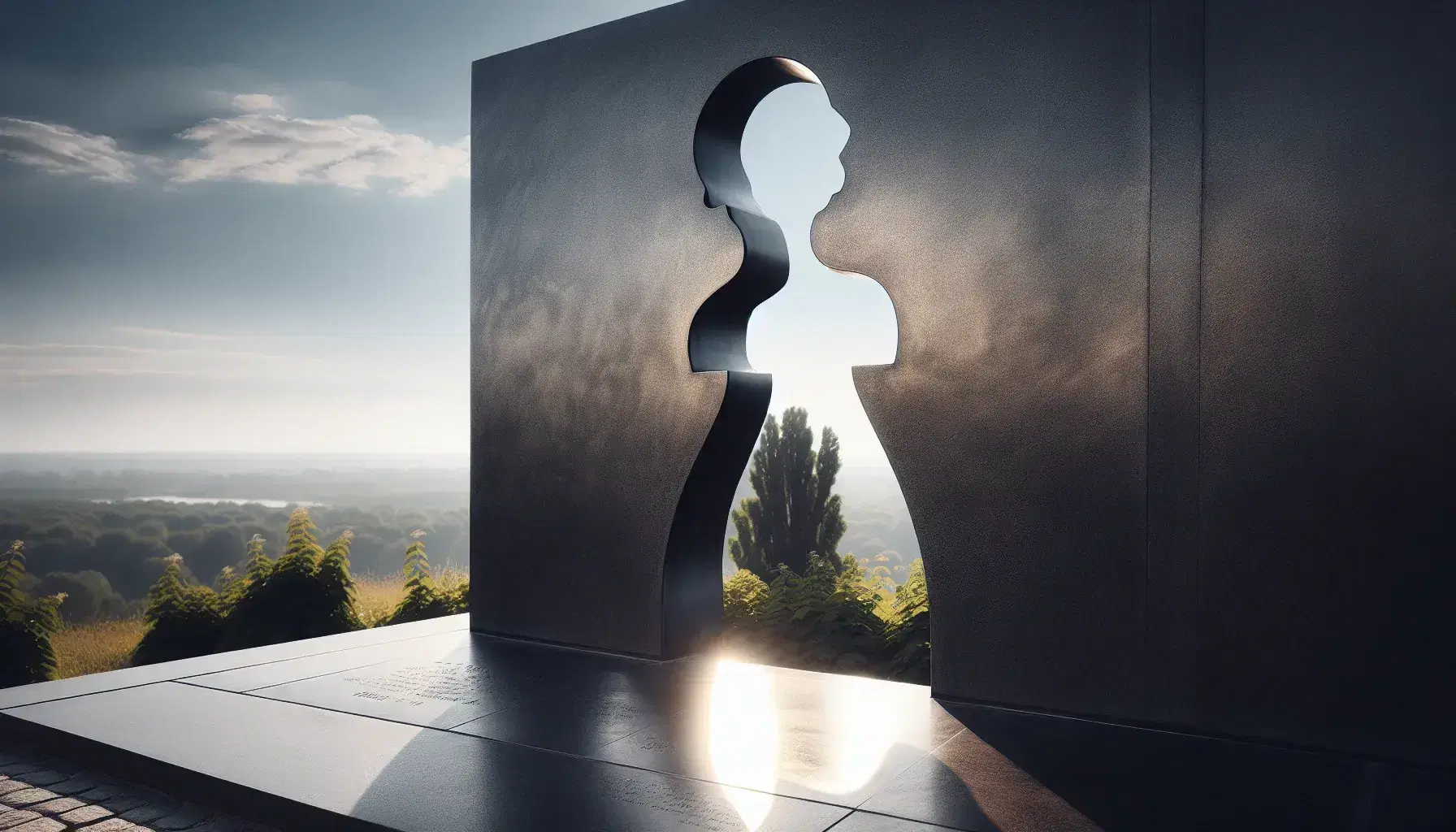 Silueta femenina conmemorativa recortada en placa metálica sobre fondo de cielo azul y copas de árboles, iluminada por el sol.