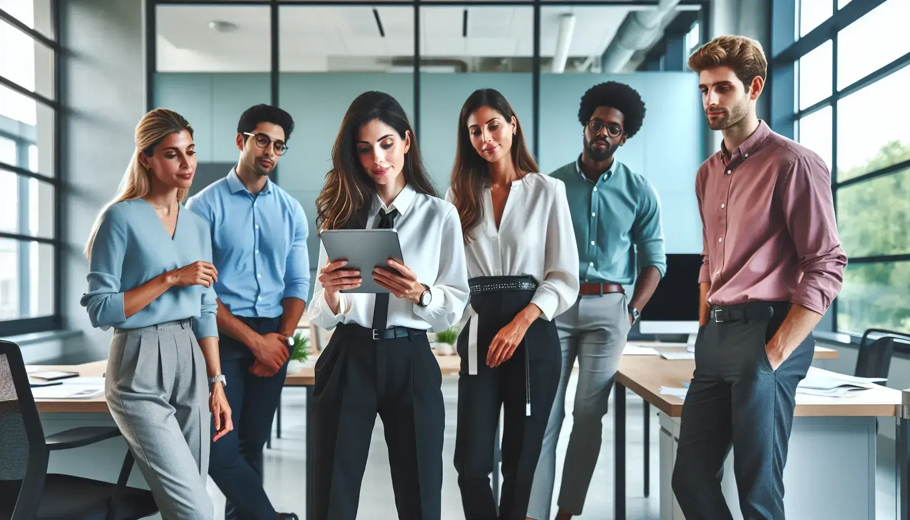 Grupo diverso de profesionales colaborando en una oficina moderna y luminosa, con una mujer sosteniendo una tableta digital y compartiendo ideas.
