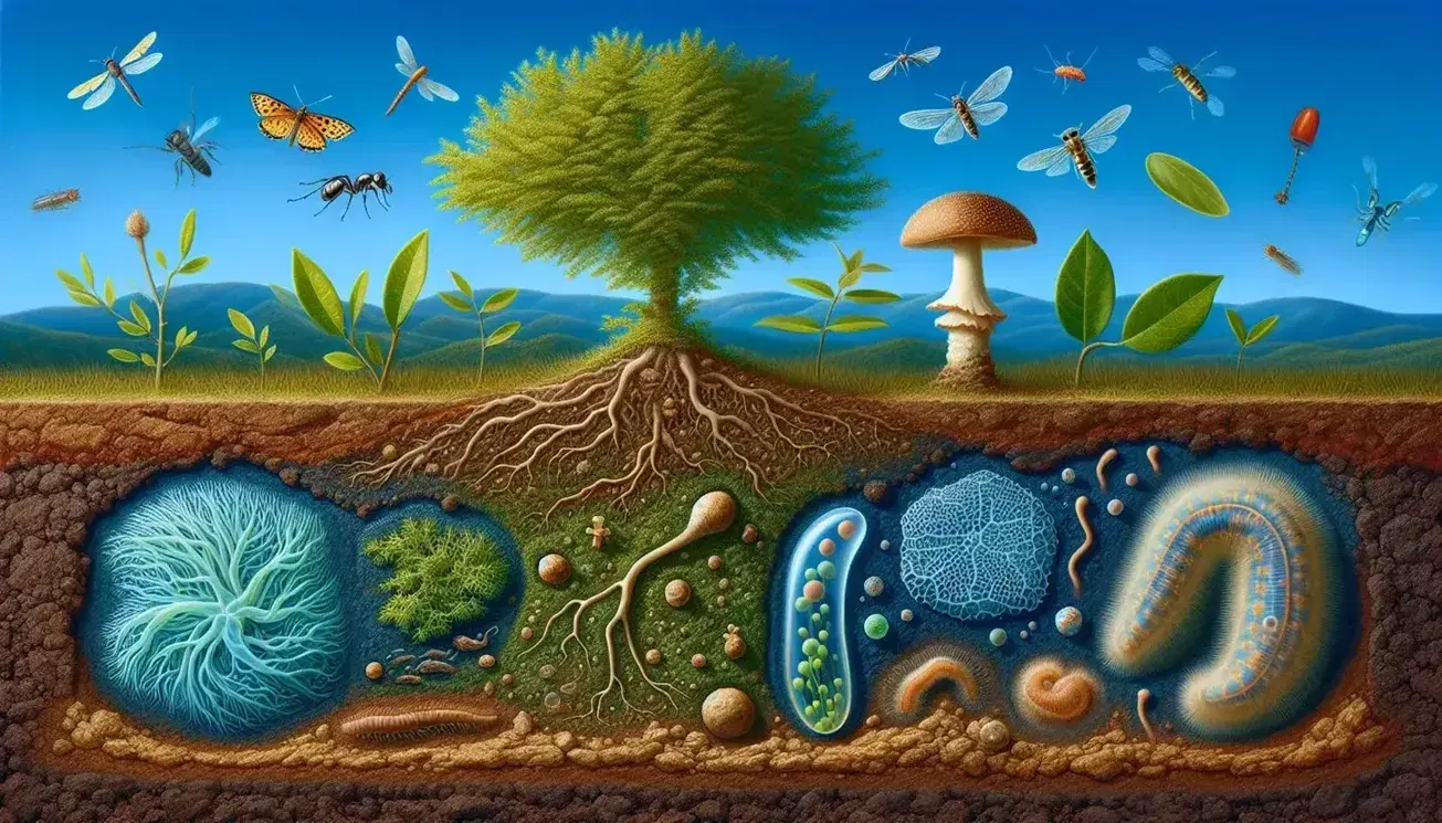 Diversità biologica rappresentata da piante, fungo, insetto, amoeba e cianobatteri su sfondo naturale.