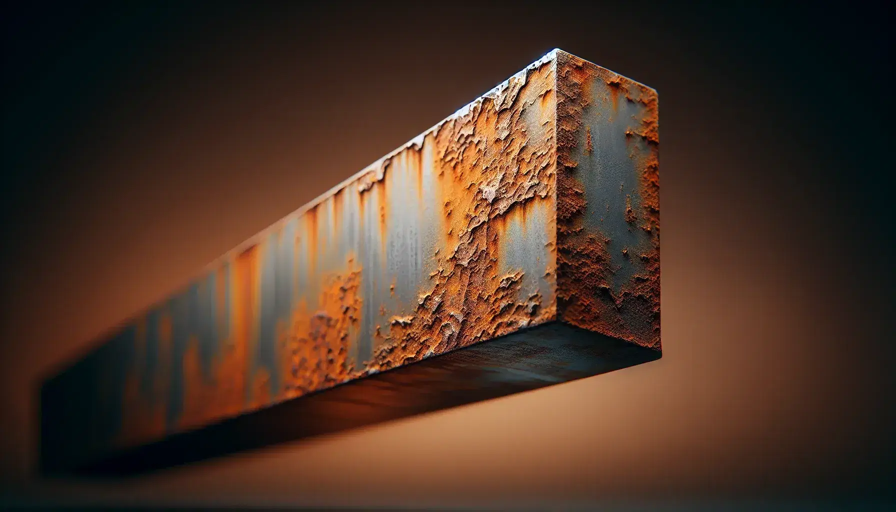 Rusty horizontal steel beam with texture rich in orange-brown shades, rounded edges and irregular surface, without distinctive marks.