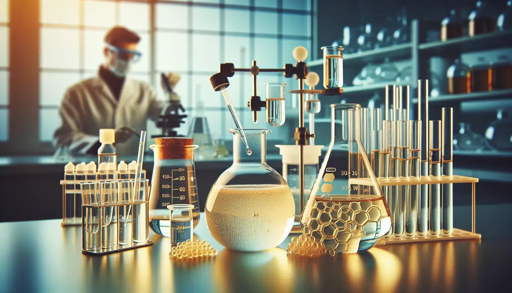 Science laboratory with test tubes, beakers and flasks containing colorful liquids, blurred scientist in background pipetting substances.