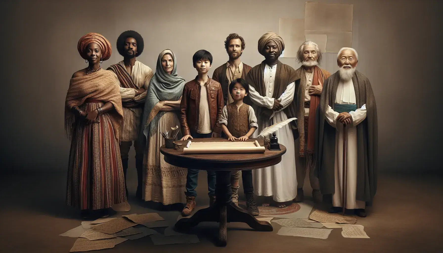 Diverse group of individuals from various ethnicities standing around a table with a blank scroll and quill pen, symbolizing unity and collaboration.