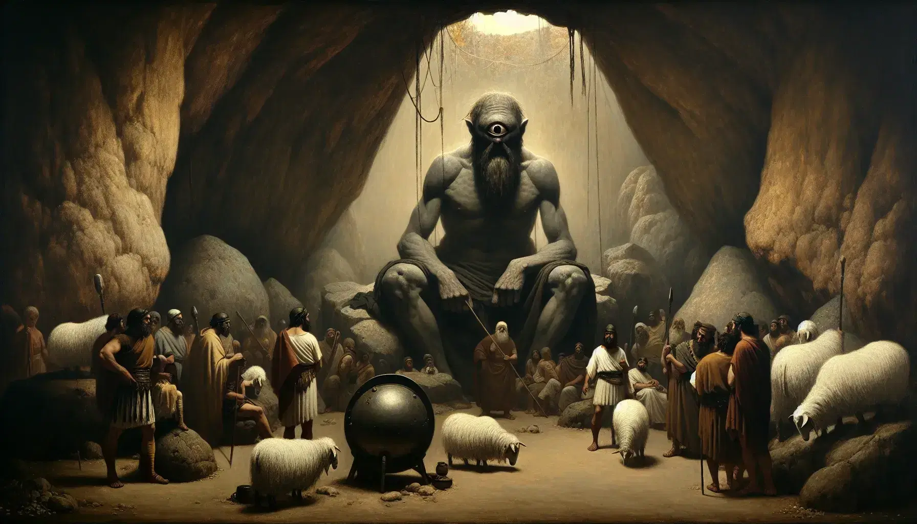 Rappresentazione artistica dell'incontro tra Ulisse e il ciclope Polifemo in una caverna, con Ulisse e i suoi compagni accanto a pecore e capre.