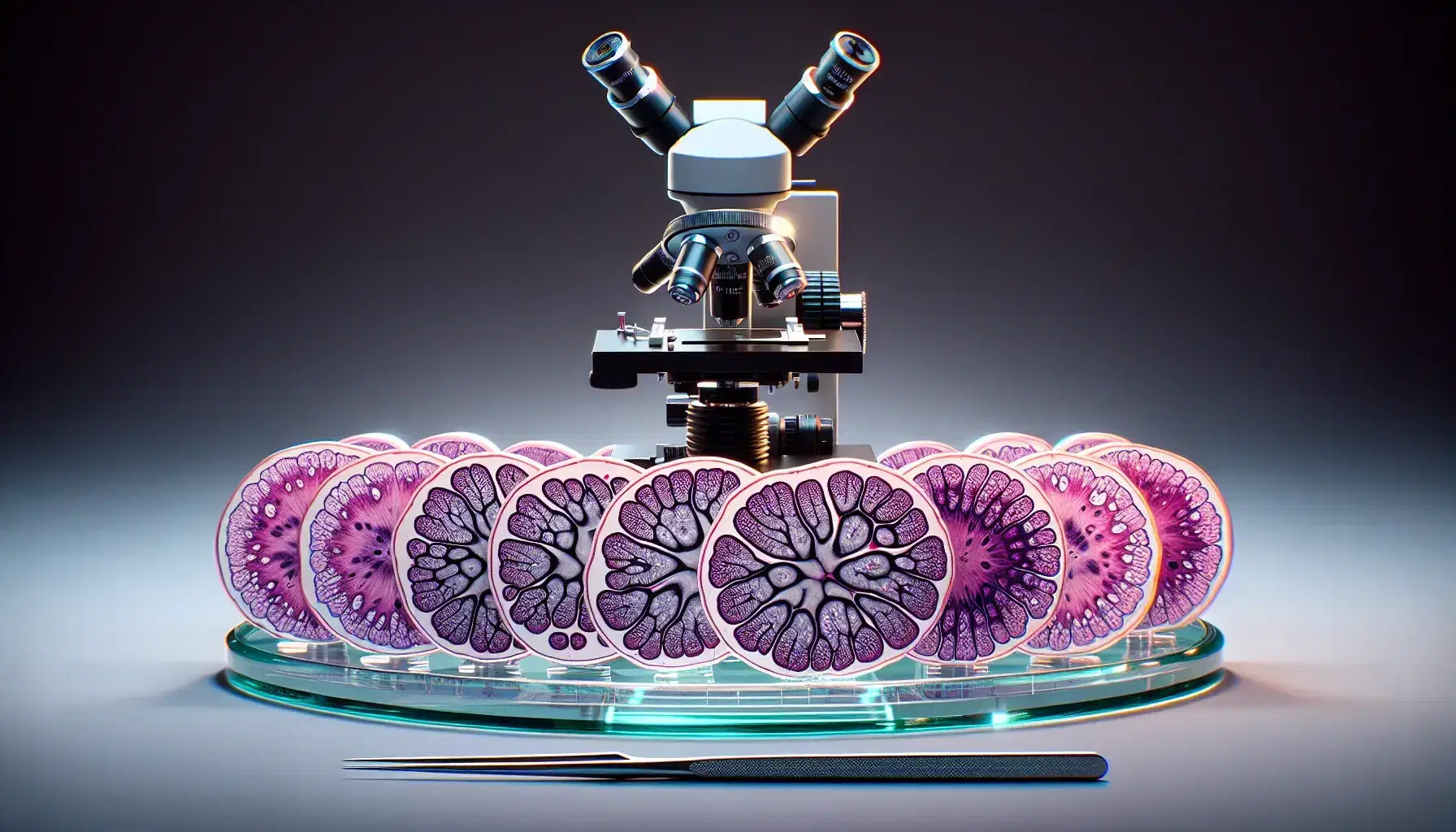 Vista cercana de cortes de tejido cerebral teñidos sobre vidrio, con microscopio y pinzas metálicas al lado, destacando la estructura celular.