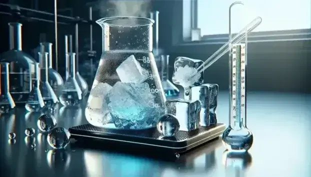 Experimento de laboratorio con matraz Erlenmeyer en placa calefactora y bloque de hielo derritiéndose, reflejando la transición de sólido a líquido.