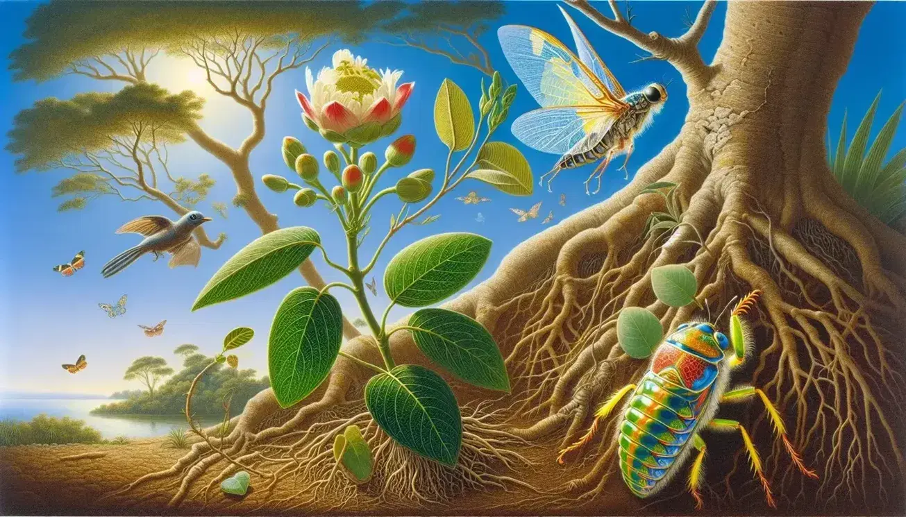 Planta con flor roja y amarilla y raíces en suelo marrón, insecto de alas translúcidas y pájaro azul y blanco en rama de árbol bajo cielo azul.