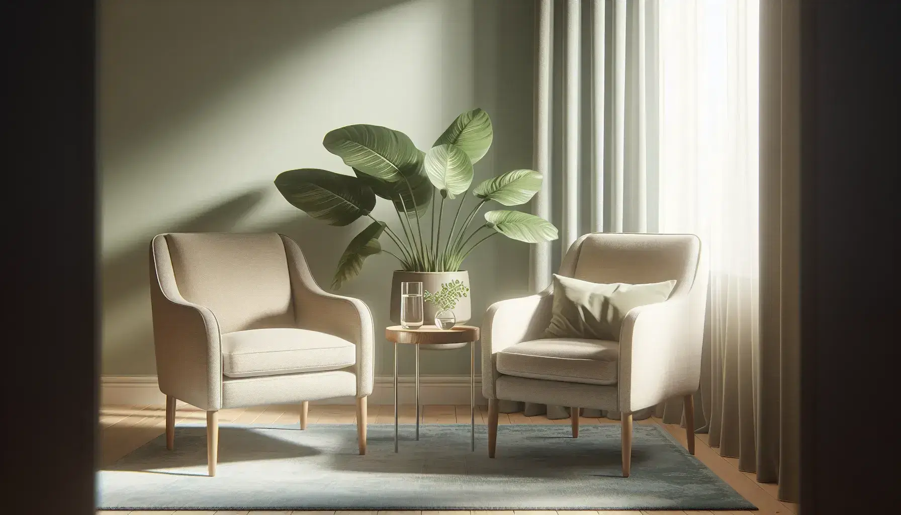 Relaxing therapy environment with beige armchair, soft blue carpet, green plant and natural light from window with white curtains.