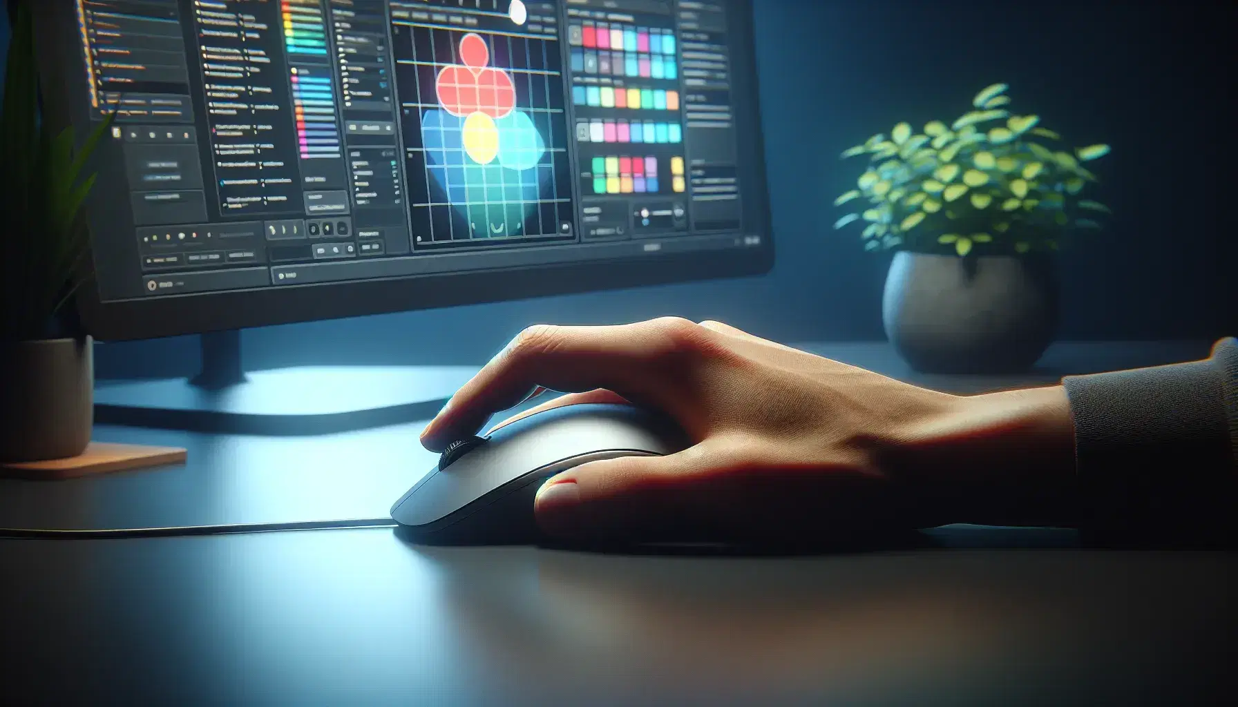 Relaxed human hand on modern mouse, with index finger ready to click, on matte desk with colorful monitor and green plant next to it.