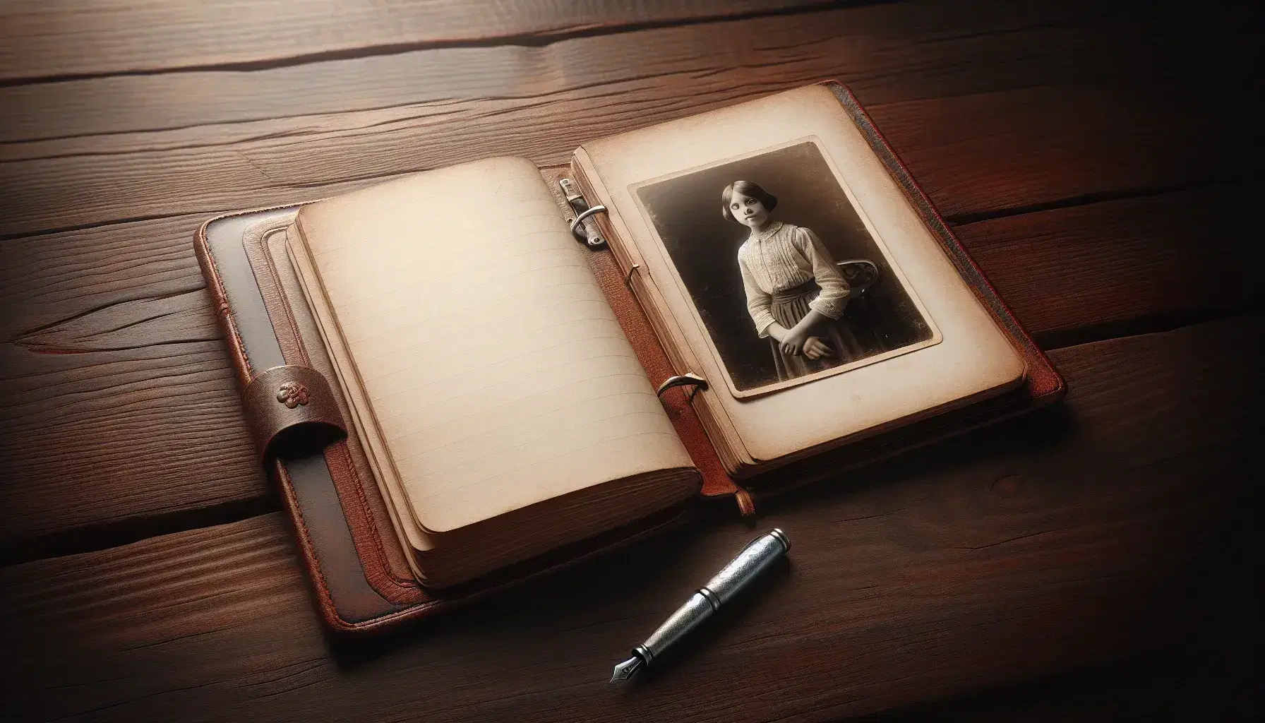 Vintage open diary on a dark wooden surface with a silver fountain pen and a 1940s photograph of a young girl, all under soft lighting.