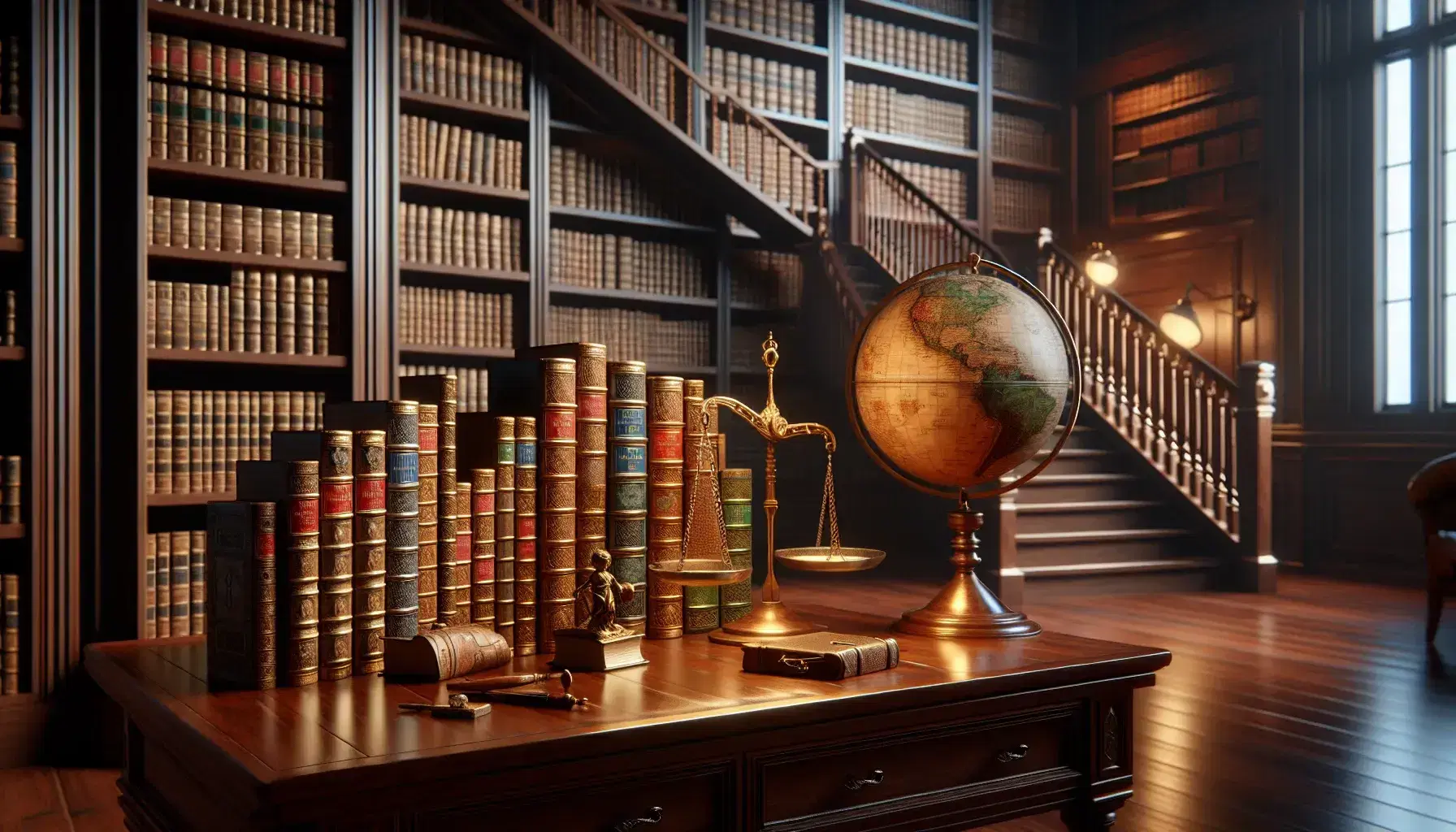 Biblioteca clásica con estanterías de madera oscura llenas de libros encuadernados en cuero, globo antiguo y balanza de bronce sobre mesa, iluminados por lámpara de pie.