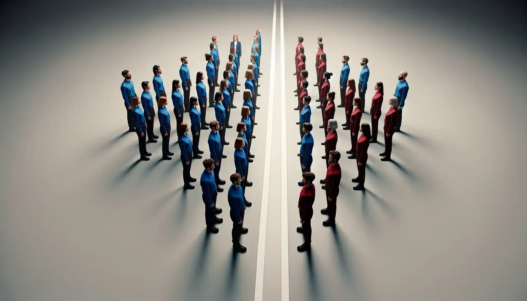 Two groups of people divided by a white line, on the left in blue t-shirts and on the right in red t-shirts, on a neutral background.