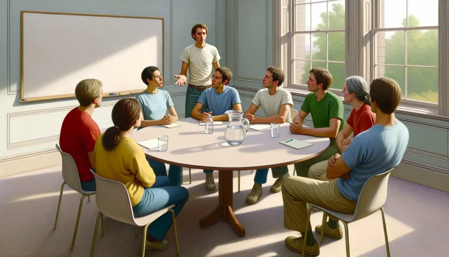 Grupo de cinco personas en reunión de trabajo alrededor de una mesa redonda con papeles y una jarra de agua, en una sala iluminada naturalmente.