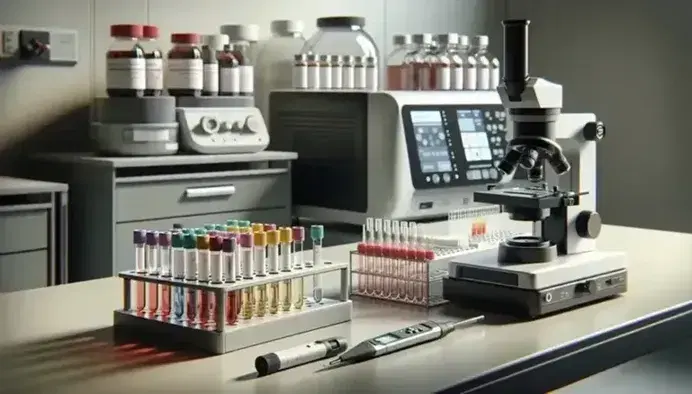 Laboratorio clínico con tubos de ensayo de colores, microscopio moderno, pipeta automática y centrífuga en segundo plano, ambiente limpio y profesional.