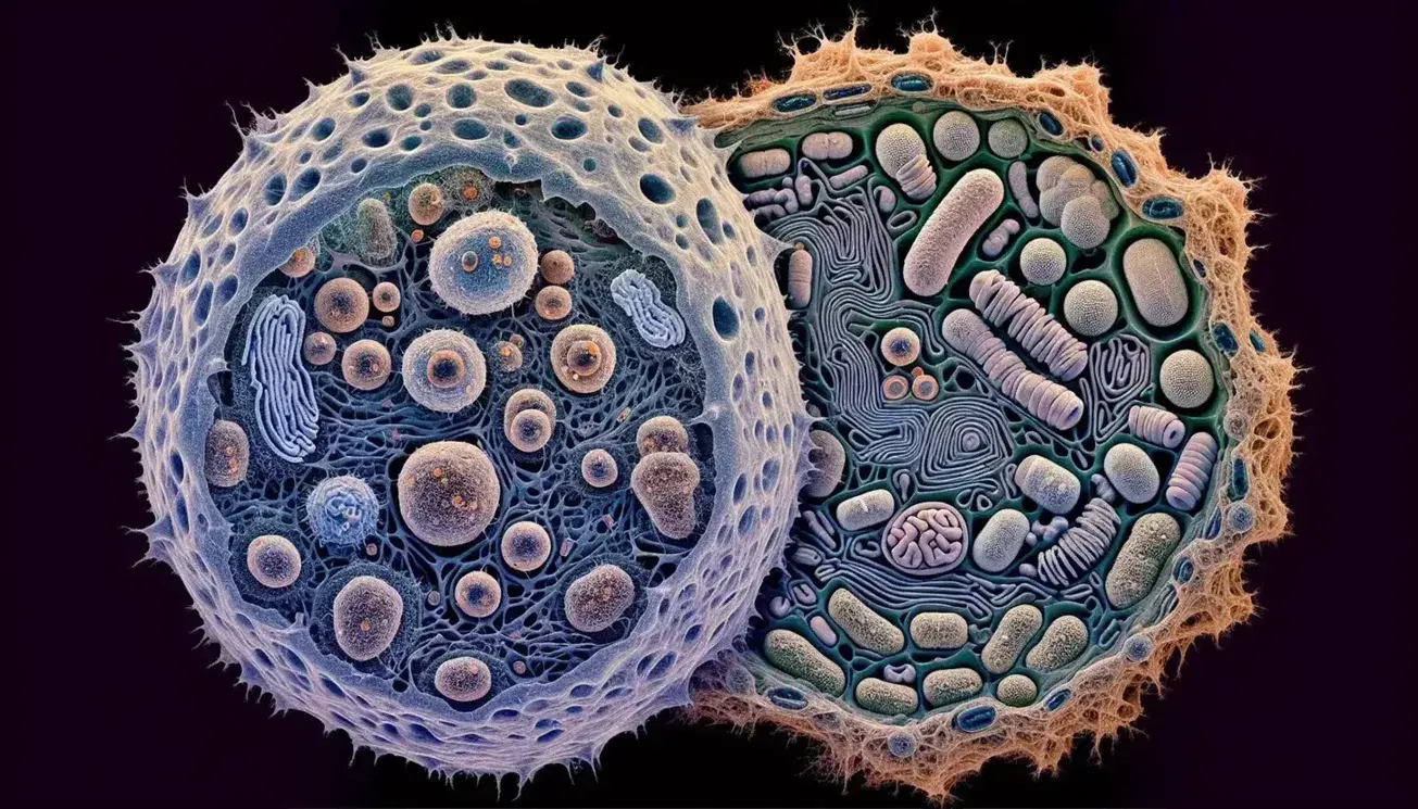 Comparison under the electron microscope between a eukaryotic cell with a nucleus and organelles and a simpler prokaryotic cell without a defined nucleus.