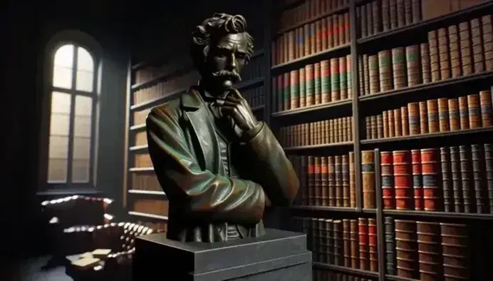 Statua in bronzo di filosofo pensieroso su piedistallo di pietra grigia, con sfondo di scaffali scuri e libri rilegati in biblioteca.