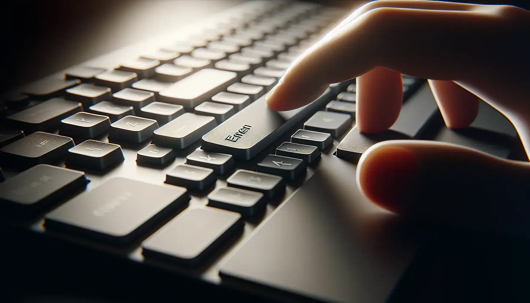 Close-up of a computer keyboard in gray shades, hand with index finger extended above dark Enter key, light directional arrows to the left.