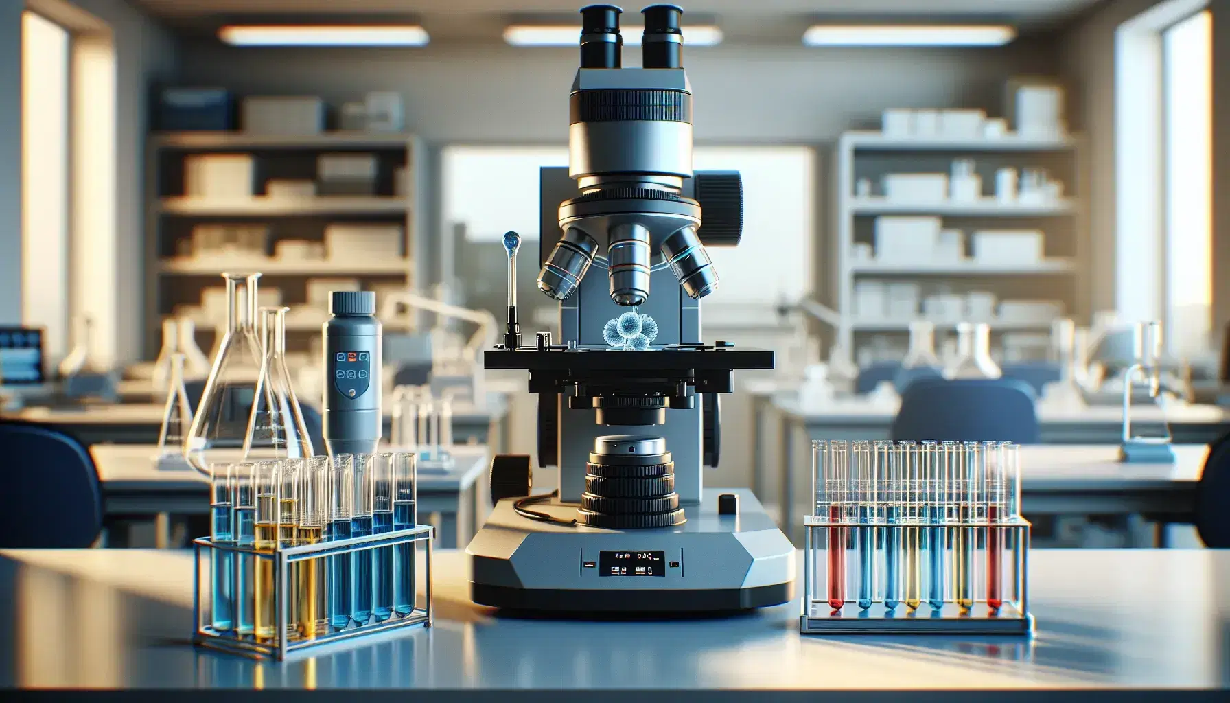 Microscopio electrónico en laboratorio de biología molecular con tubos de ensayo de colores y pipeta automática en primer plano, y estantes con más material al fondo.