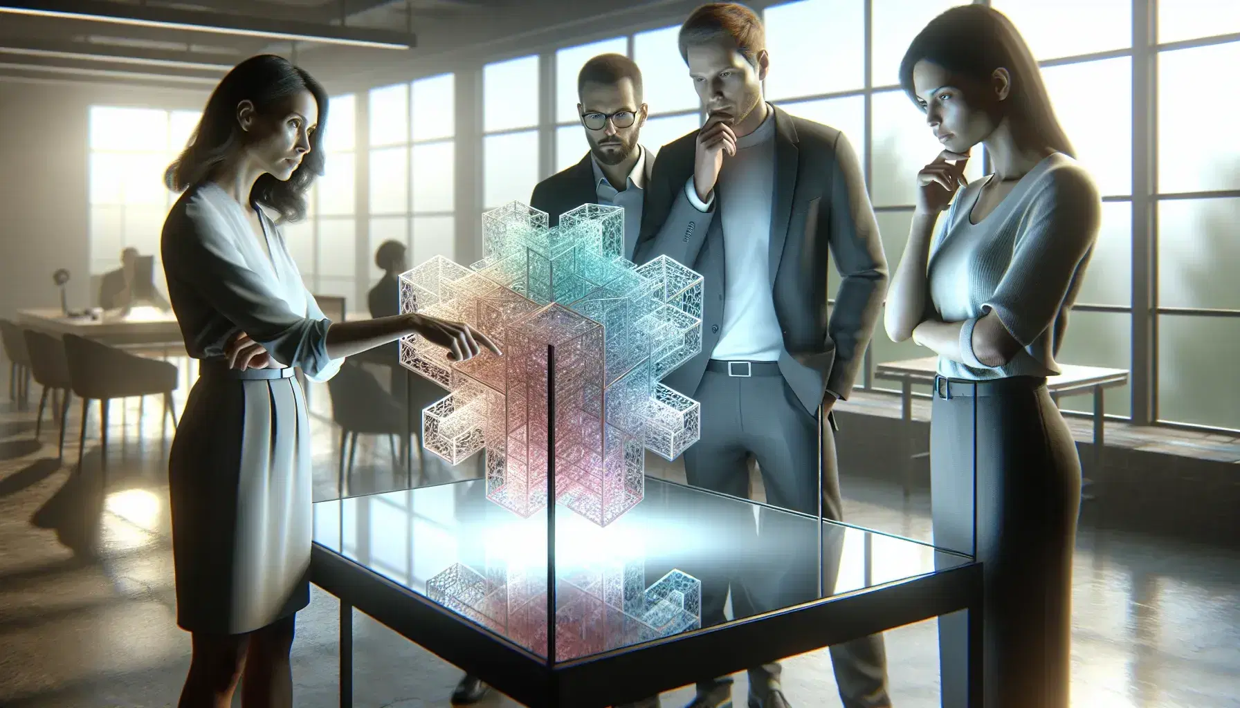 Three professionals collaborate on assembling a colorful, translucent 3D puzzle on a glass table in a bright, modern office space.