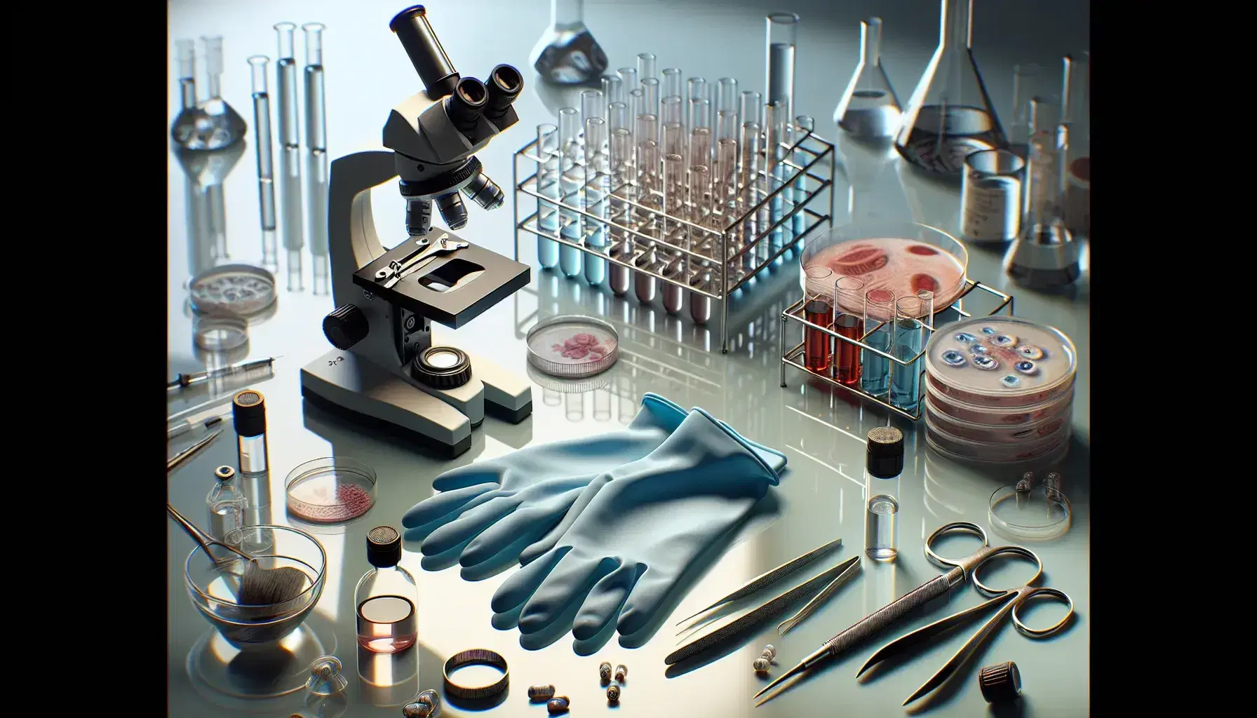 Mesa de laboratorio de biología forense con guantes de látex azules, microscopio, tubos de ensayo con líquidos de colores y Petri con muestra biológica, rodeado de instrumentos quirúrgicos pulidos.