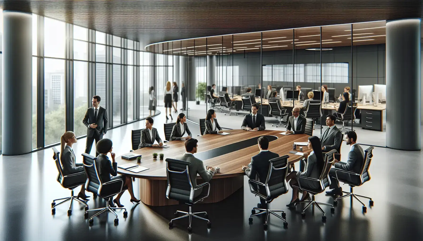 Diverse team of professionals engaged in a meeting around a polished oval conference table in a modern, well-lit office with glass-walled backgrounds.