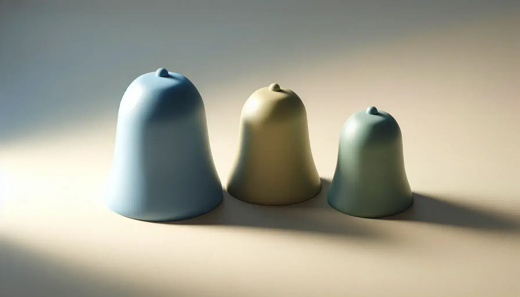 Three decorative bells in pastel shades of blue, green and yellow, aligned on a neutral surface with delicate shadows highlighting their shape.
