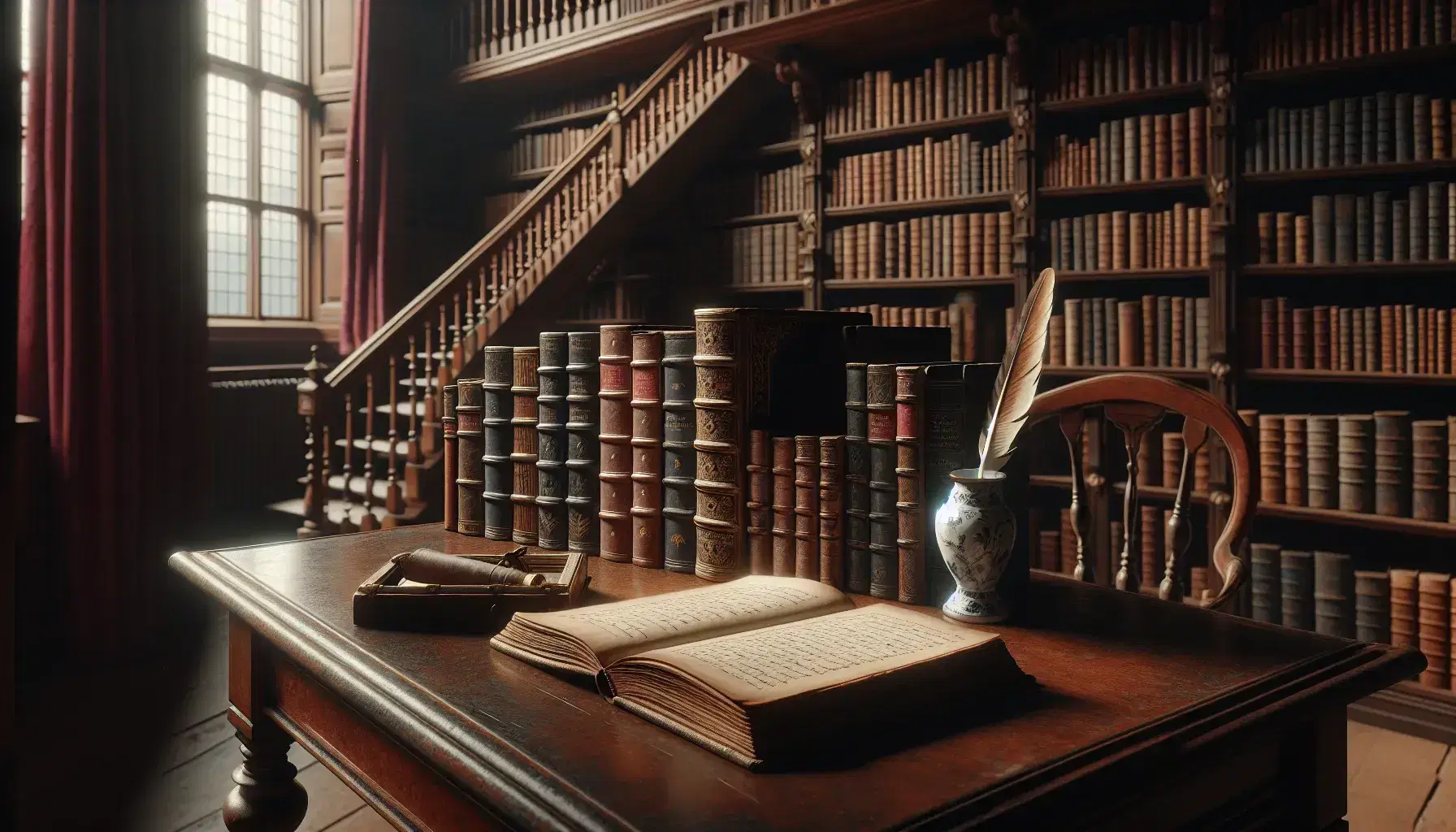 Biblioteca antigua con estanterías de madera oscura llenas de libros, mesa con libro abierto, pluma y tintero, y cortinas rojas en la ventana.