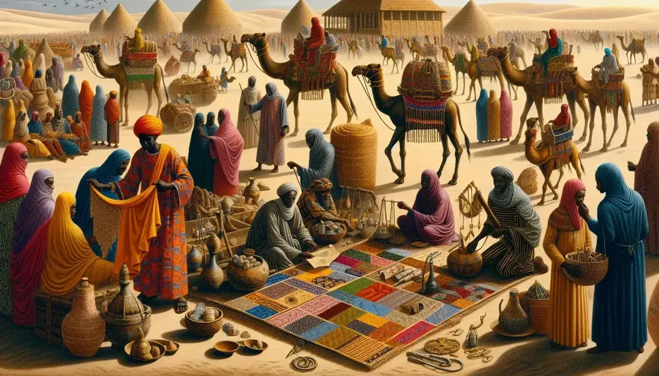 Bustling West African market scene with diverse people trading goods like textiles, pottery, and metalwork, against a backdrop of camels and historic architecture.